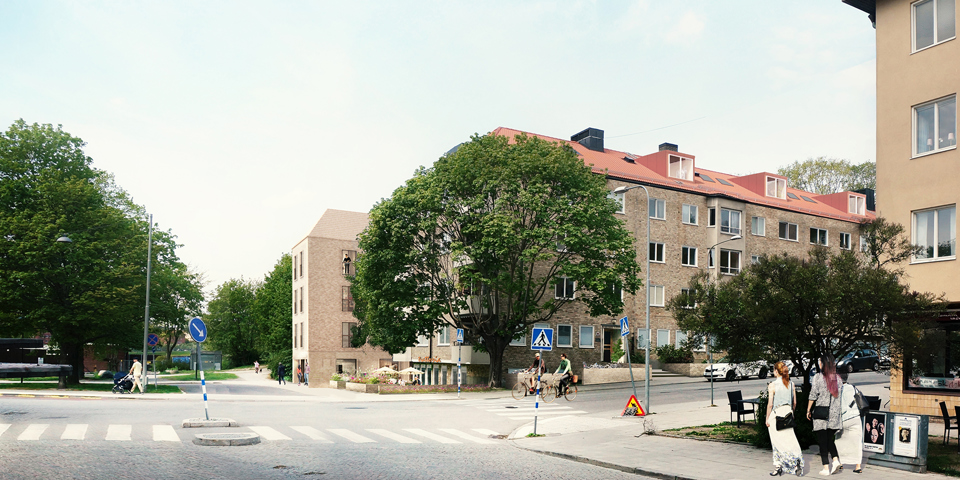 Flerbostadshus med 3-4 våningar vid en gatukorsning.  Stora träd, människor i rörelse på trottoar och vid ett övergångsställe. Illustration